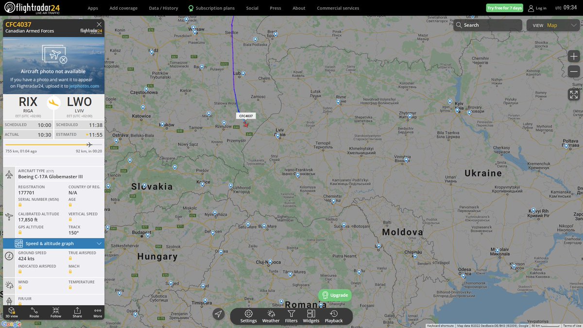 Canadian Armed Forces C-17A Globemaster III CFC4037 en route to Lviv  Ukraine from Riga Latvia