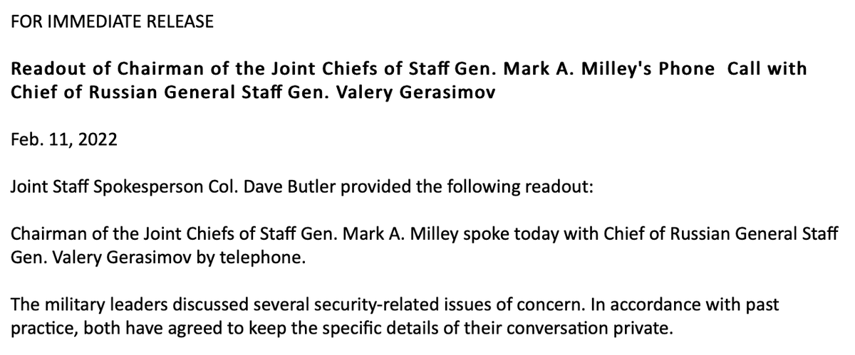 US readout of call between @thejointstaff Chair Gen Mark Milley & Chief of Russian General Staff Gen Valery Gerasimov   They discussed several security-related issues of concern but have agreed to keep the specific details of their conversation private