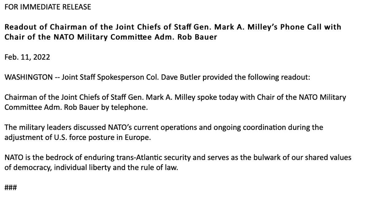 Call between @thejointstaff Chair Gen Mark Milley & Chair of the @NATO Military Committee Adm. Rob Bauer  Per US, they discussed NATO's current operations and ongoing coordination during the adjustment of US force posture in Europe