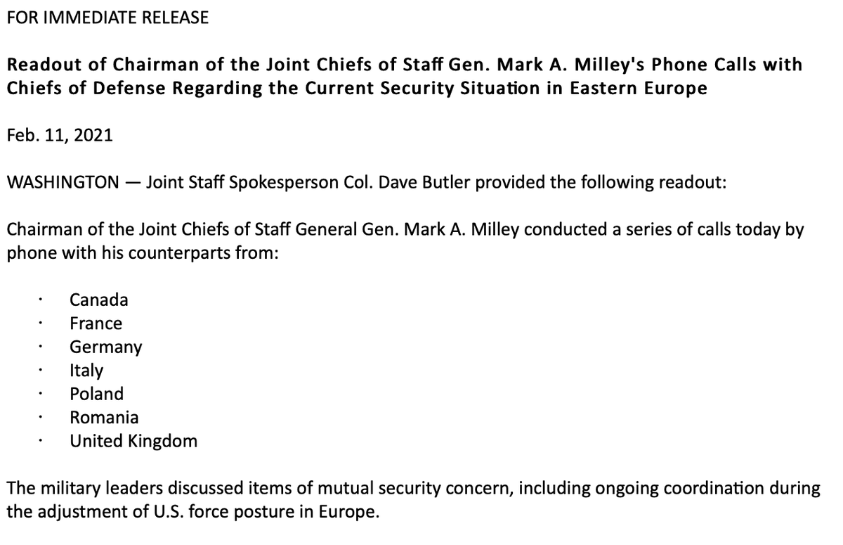 .@thejointstaff Chair Gen Mark Milley also held calls with:   Canada, France, Germany, Italy, Poland, Romania, Britain. Topics included ongoing coordination during the adjustment of US force posture in Europe