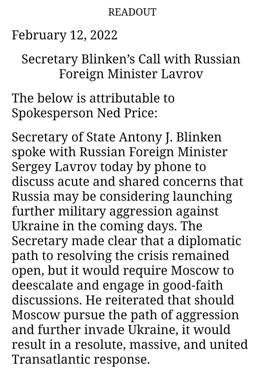 Blinken to Lavrov: should Moscow pursue the path of aggression and further invade Ukraine, it would result in a resolute, massive, and united Transatlantic response