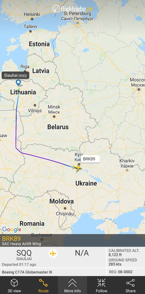 Another NATO C-17A Globemaster III flying from Siauliai, Lithuania, to Kyiv Boryspil Airport, Ukraine, ACARS suggests: 01/BRK88.  This flight may contain military support by Lithuania