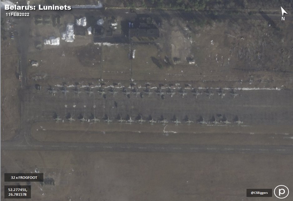 Imagery of Luninets shows that additional Su-25 have arrived. 32 Frogfoot are visible up from 15 on 4 February. (Imagery: @planet)