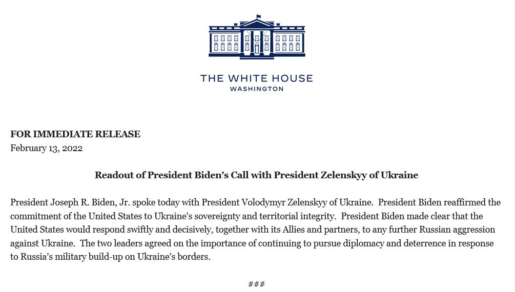 White House readout of Biden phone call with @ZelenskyyUa