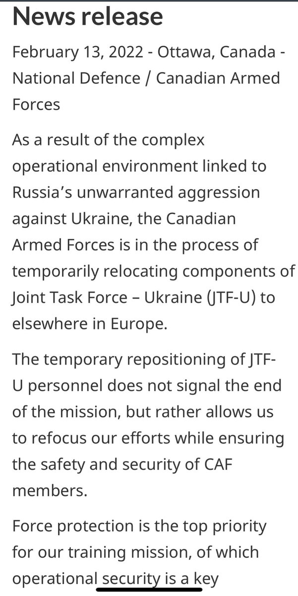 Canada pulls troops out of Ukraine: As a result of the complex operational environment linked to Russia's unwarranted aggression against Ukraine, the Canadian Armed Forces is in the process of temporarily relocating components of Joint Task Force—Ukraine to elsewhere in Europe