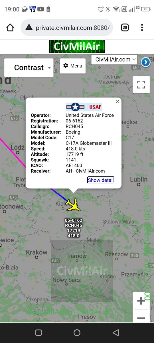 USAF C17 Globemaster from Fort Bragg / Pope Field inbound Rzeszów-Jasionka close to the Ukraine border