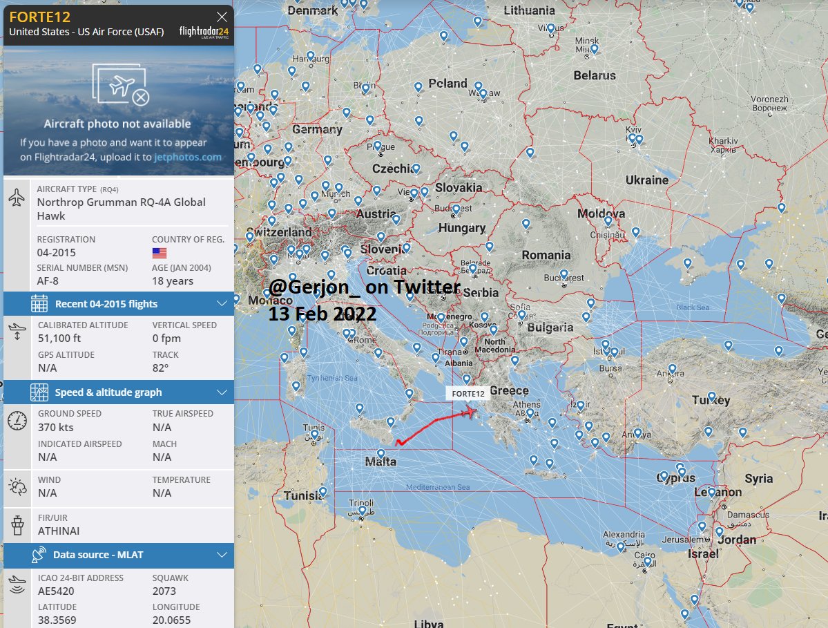 A United States Air Force RQ-4 Global Hawk UAV (AE5420, should be 04-2015) appears to be heading towards the Black Sea/Ukraine, likely going for another flight around Russia/Belarus borders