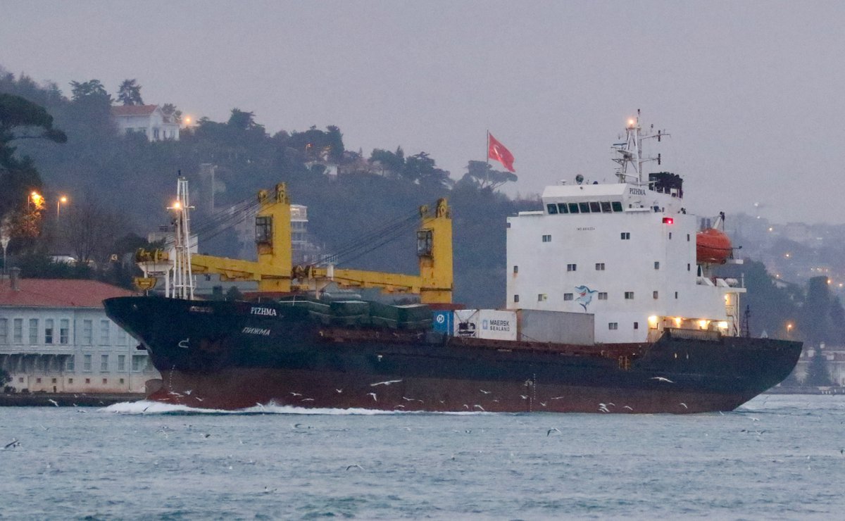Working on behalf of Russian Ministry of Defense @mod_russia owned Oboronlogistika (OFAC/SDN @USTreasury listed), Russian flag cargo vessel Pizhma transited Bosphorus towards Black Sea en route from Tartus Syria to a Black Sea port carrying technical/military cargo