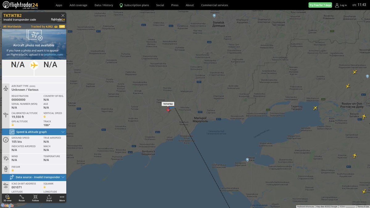 Ukrainian Bayraktar TB2 UAV squawking 7600 lost Comm. near Mariupol