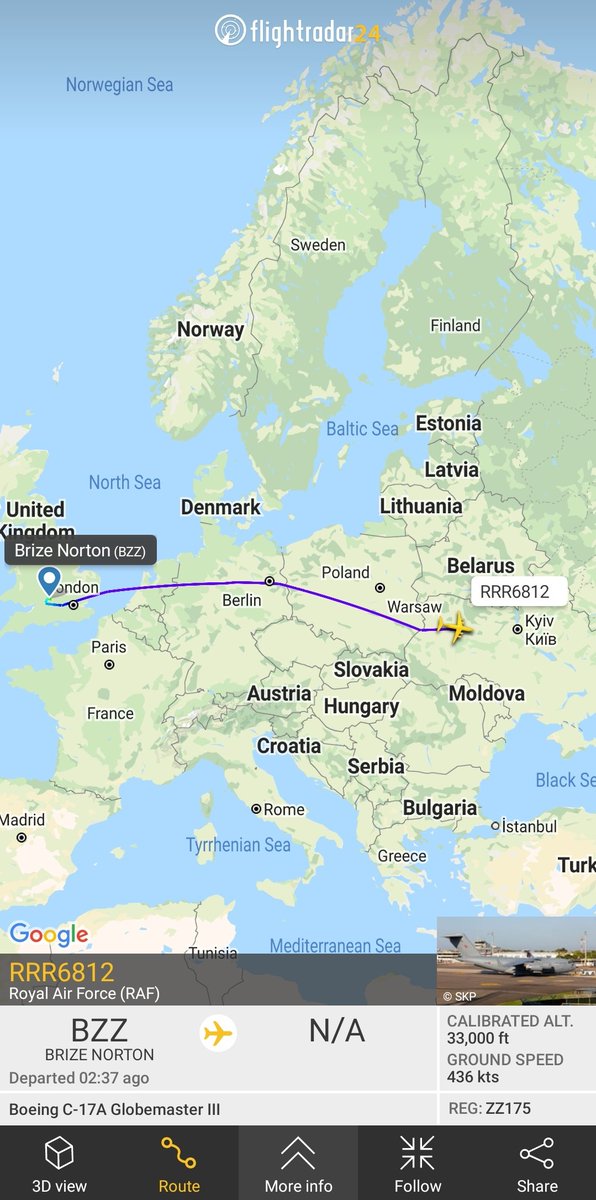 RAF C-17A Globemaster III about to begin its descent into Kyiv from RAF Brize Norton.  Second flight to Kyiv in (just under) 24 hours