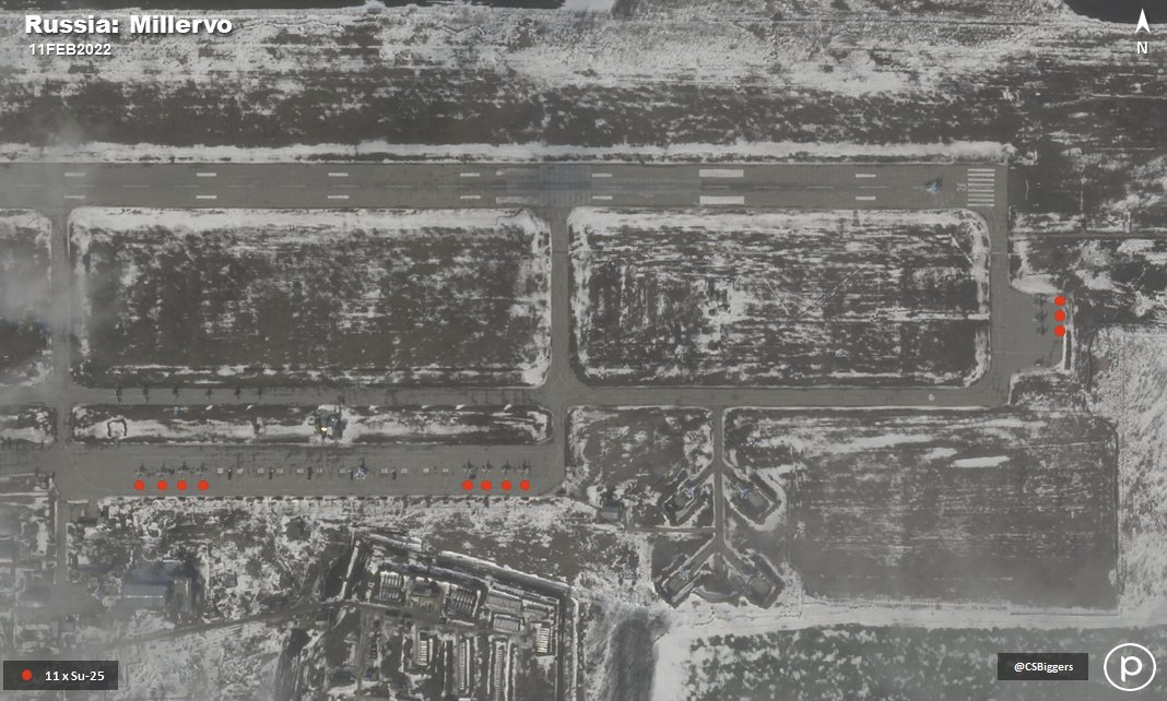 Planet imagery acquired on 11FEB2021 showed that 11 x Su-25SM had relocated to Millervo east of Luhansk. The airbase hosts the 31 IAP which has been converting to the Su-30SM from the MIG-29 since 2015