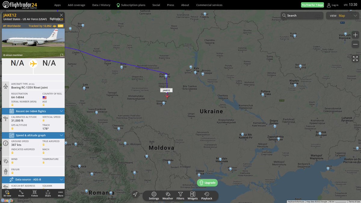 USAF RC-135V Rivet Joint JAKE12 uncommon route heading south