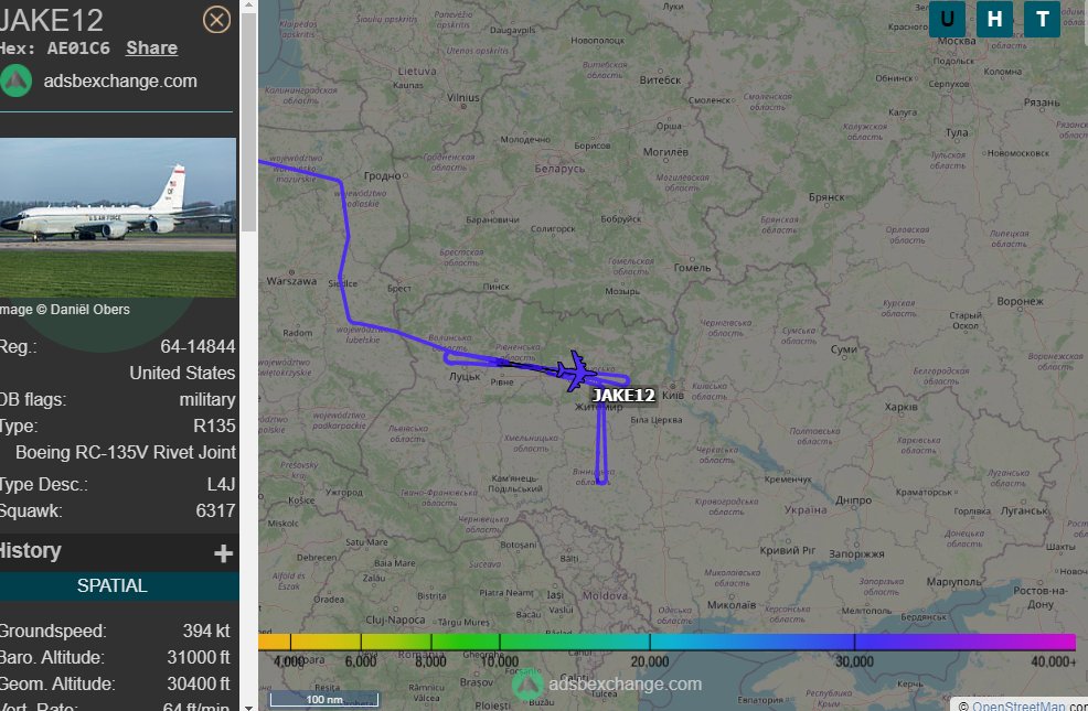 USAF Rivet Joint getting some work in over Ukraine, but only the western half. JAKE12 is RC-135V 64-14844 AE01C6