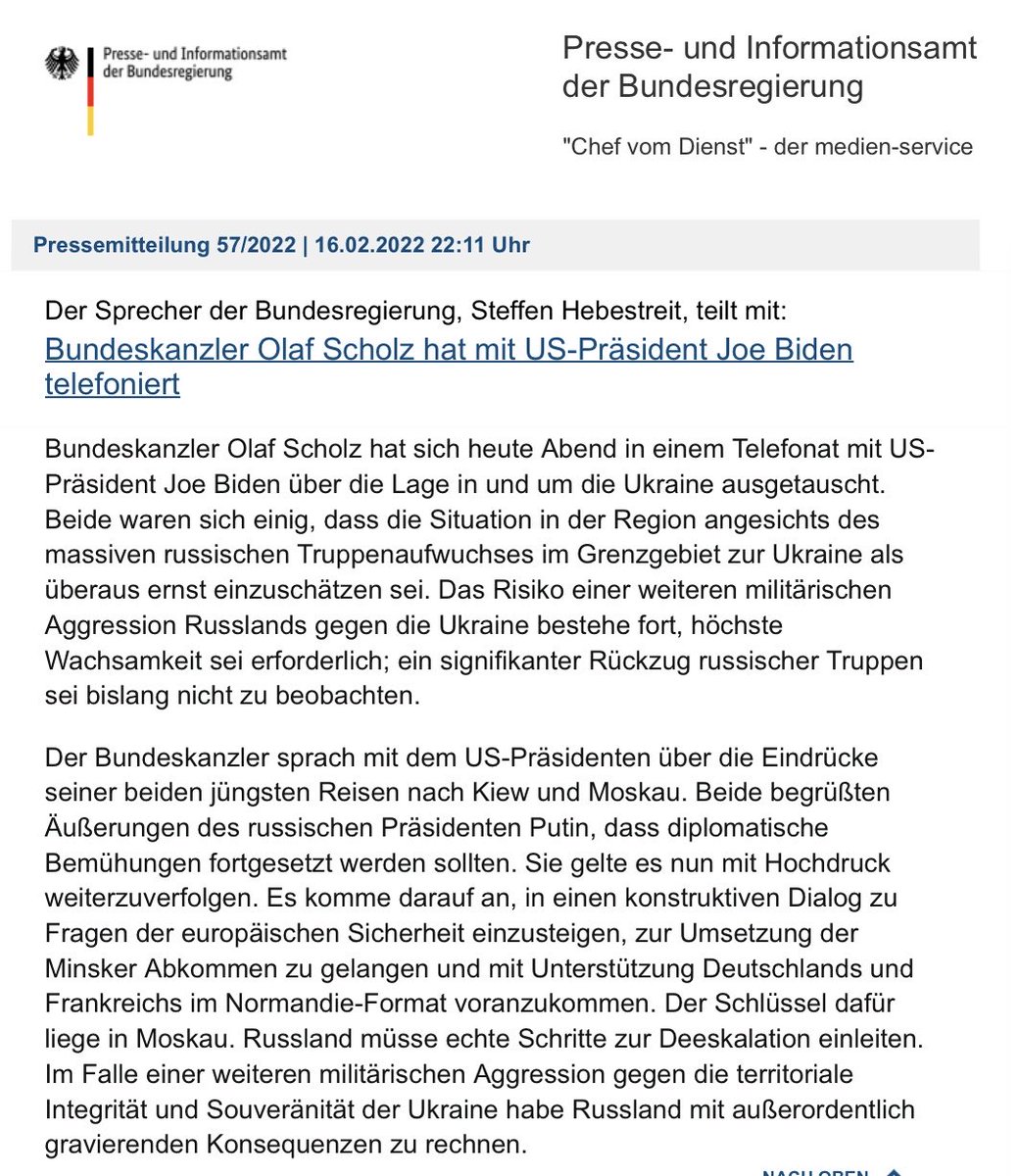 The risk of further Russian military aggression against Ukraine remains, the highest level of vigilance is required; a significant withdrawal of Russian troops has not yet been observed. Chancellor Scholz calls @POTUS