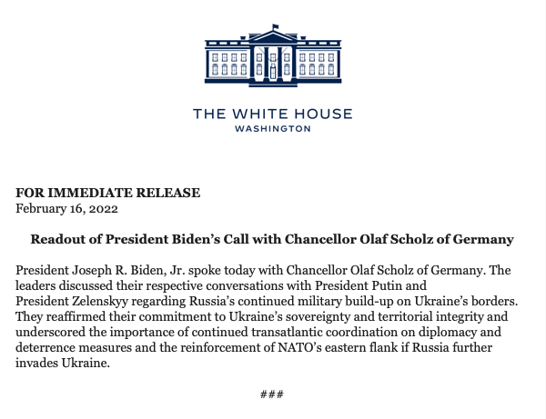 On their call today, @POTUS and @OlafScholz   underscored the importance of continued transatlantic coordination on diplomacy and deterrence measures and the reinforcement of NATO's eastern flank if Russia further invades Ukraine, according to the @WhiteHouse