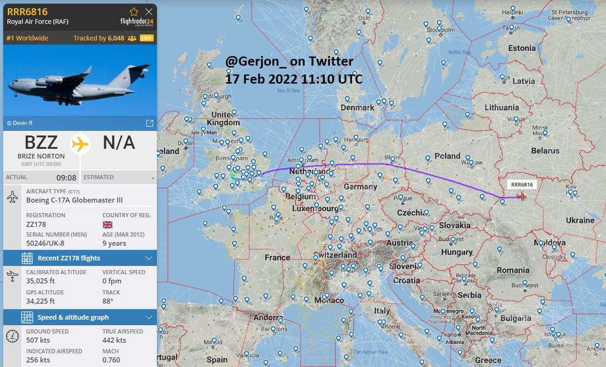 Royal Air Force Boeing C-17A Globemaster III reg. ZZ178 as RRR6816 is over Ukraine and will likely land at Kyiv Boryspil Airport