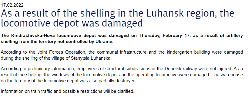 A locomotive depot in Stanytsia Luhanska district of Nova Kindrashivska was also shelled today from non-government controlled territory of Ukraine, Ukrainian railways report. No injured, but a warehouse partially destroyed, locomotive damaged