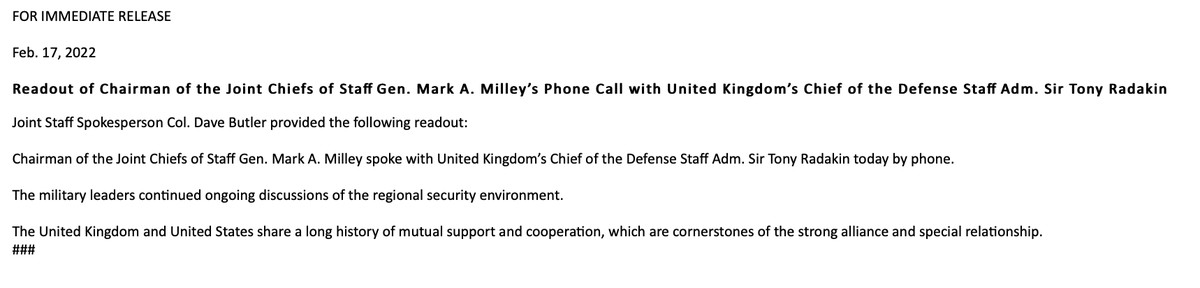 .@thejointstaff's Gen Milley spoke with Britain's Chief of the Defense Staff Adm. Sir Tony Radakin