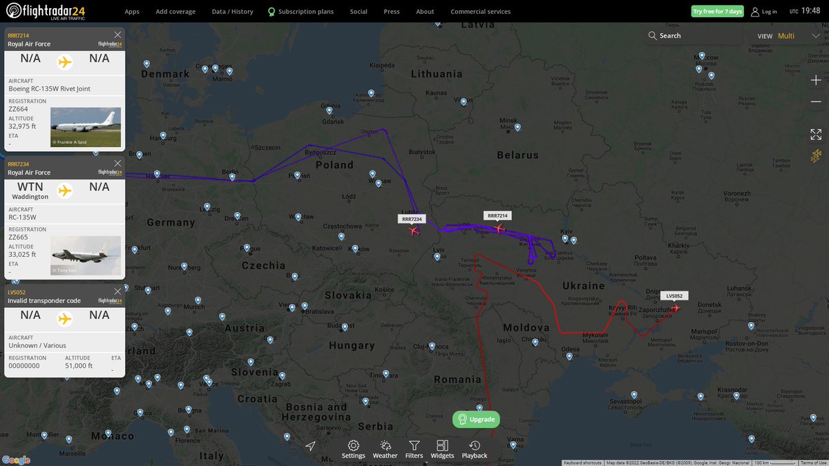 Intelligence gathering missions over Ukraine: -RAF  RC-135W Rivet Joint ZZ664  orbiting over Ukraine near Belarus border. -RAF  RC-135W Rivet Joint ZZ664 U-Turn over Poland  -USAF RQ4 Global Hawk heading towards the Donbass
