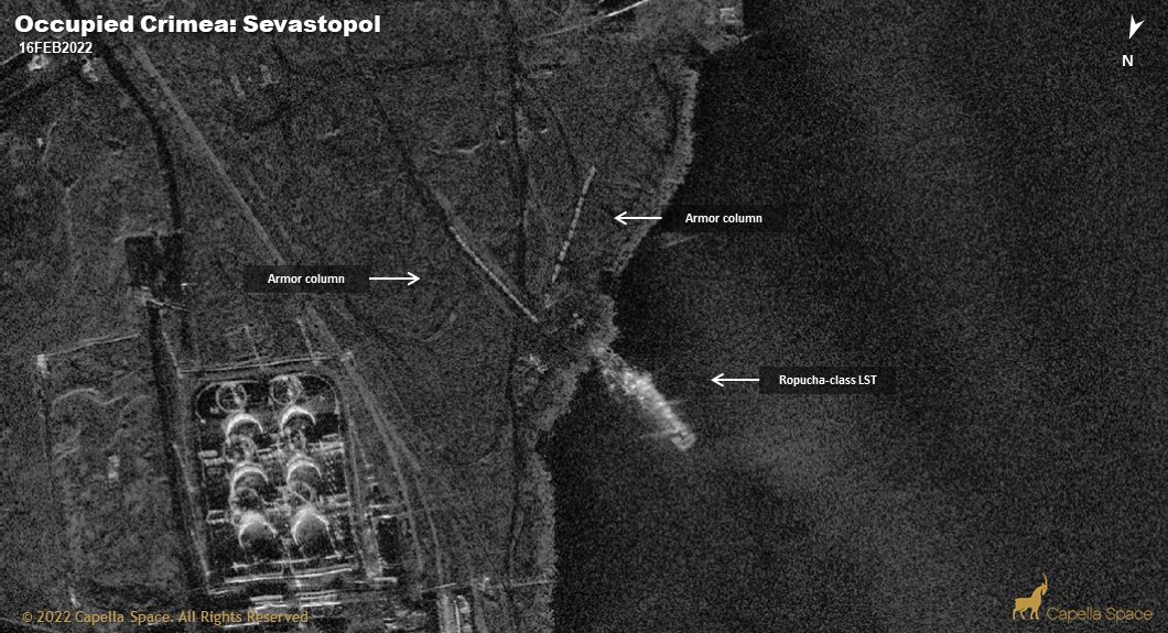Imagery acquired by @capellaspace on 16FEB2021 shows loading/unloading activity of a Ropucha-class LST at Sevastopol