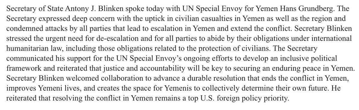 En route from UN Security Council to Munich Security Conference, both focused on Ukraine, @SecBlinken had a call w UN envoy for Yemen