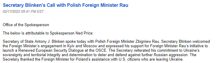 US State Dept issues readout of Sec State Antony Blinken's conversation today with Poland's foreign minister, Zbigniew Rau, re: Russia and Ukraine