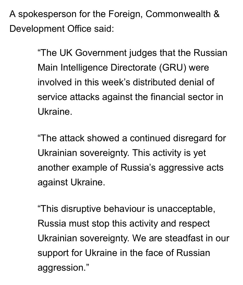 UK says it believes Russia's GRU military intelligence agency was involved in a major cyber attack on Ukraine this week that hit defence ministry website & 2 banks in what Kyiv said was biggest distributed denial of service (DDoS) attack in Ukraine history. @FCDOGovUK statement