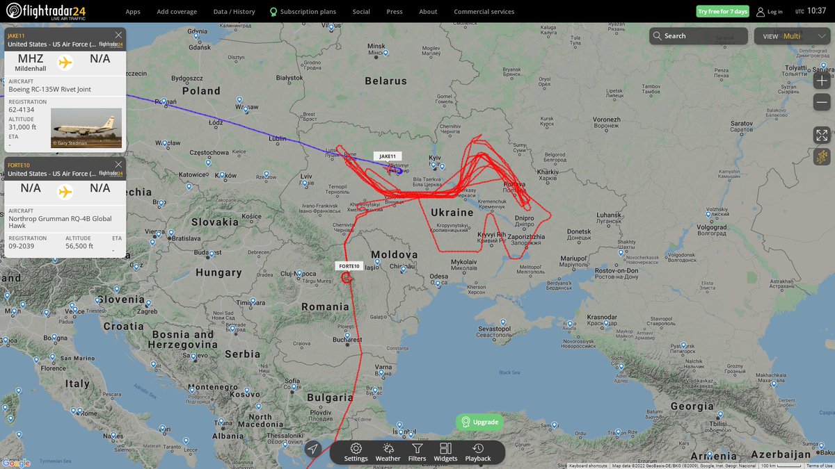 Daily reconnaissance missions over Ukraine: -USAF RC-135W Rivet Joint JAKE11 orbiting over Ukraine;  -USAF RQ4 Global Hawk FORTE10 heading  back to Sigonella after a long mission