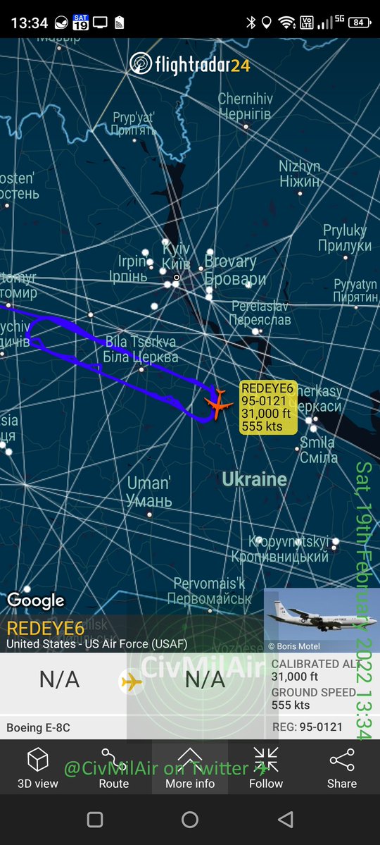 US Air Force E-8C Joint STARS 95-0121 REDEYE6 running racetracks @ 31,000ft over Ukraine