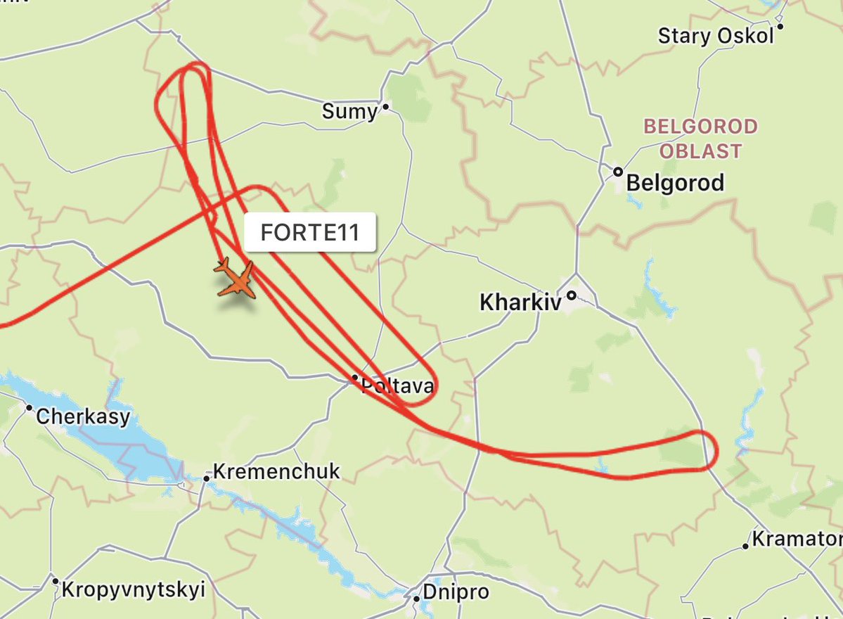 FORTE11 (USAF RQ-4B Global Hawk) is on task this evening above Ukraine.   Drone is paying heavy attention to the Belgorod area