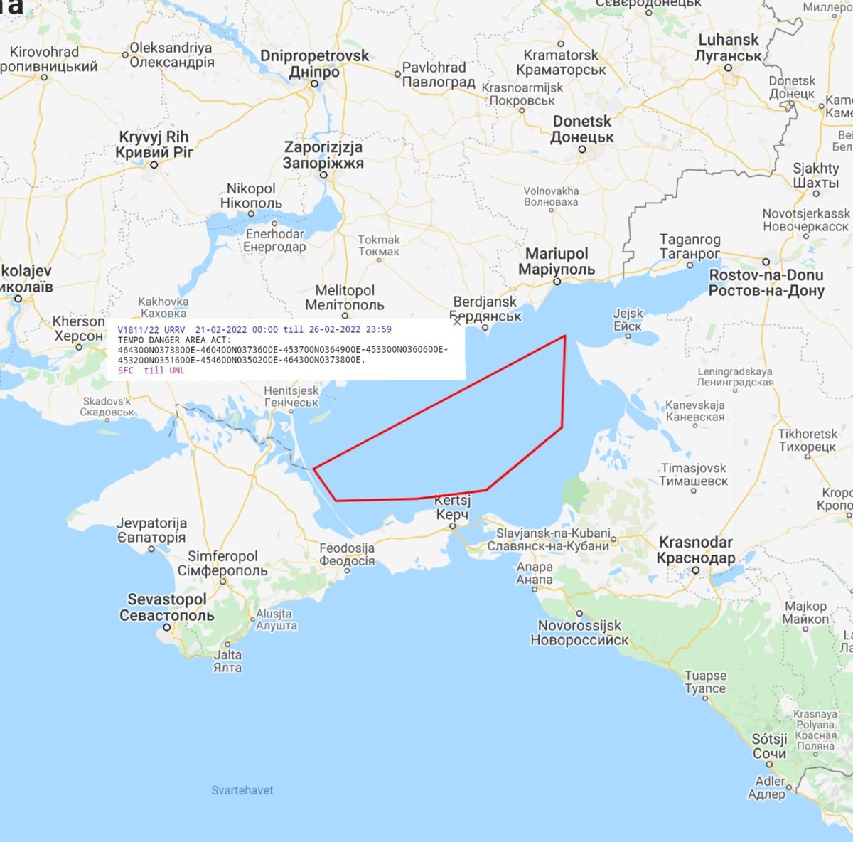New Sea of Azov NOTAM, going active at midnight: Tempo Danger Area SFC - Unlimited