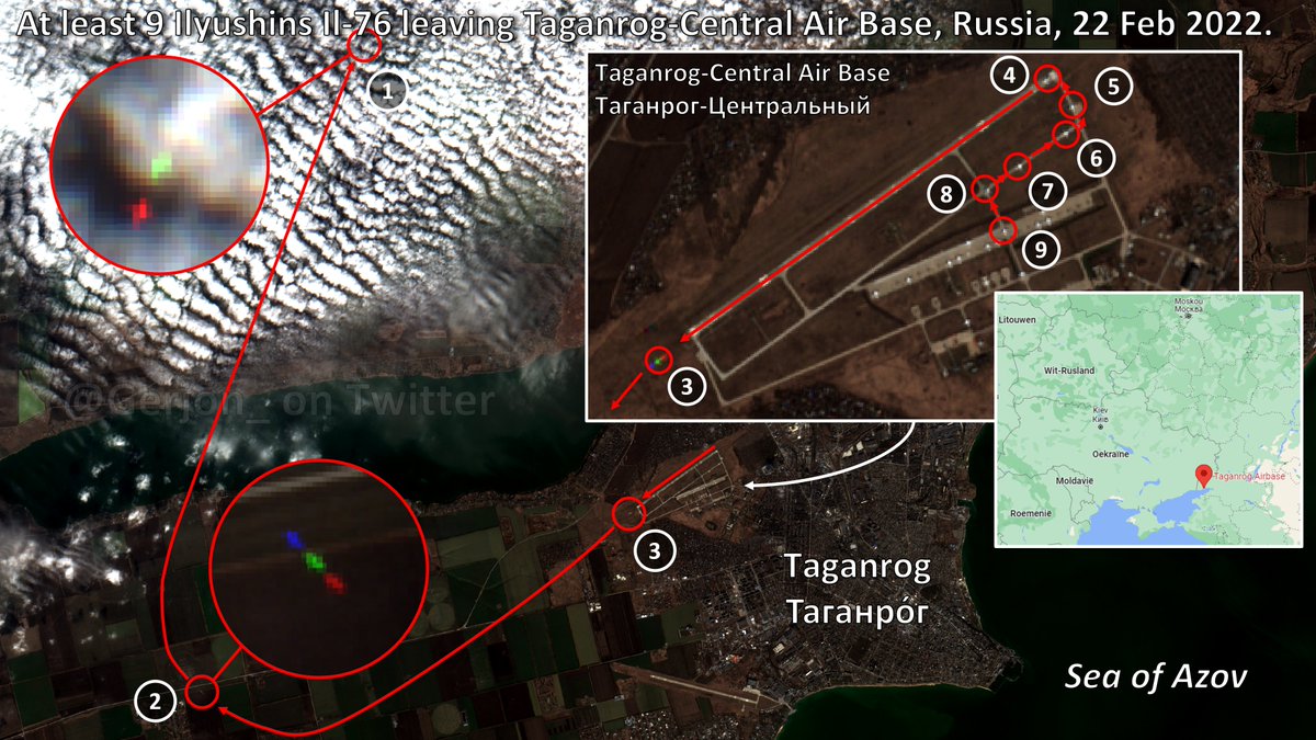 Sentinel-2 imagery taken this morning 08:36 UTC shows at least nine Ilyushin Il-76 military cargo aircraft departing Taganrog-Central Air Base near Taganrog in Russia, located on the shores of the Sea of Azov, 40 km from Ukraine (DPR).  Three of them airborne, six taxiing