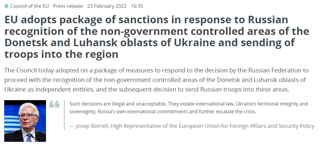 EU adopts sanctions package in response to Russia's recognition of the Donetsk and Luhansk and the sending of troops