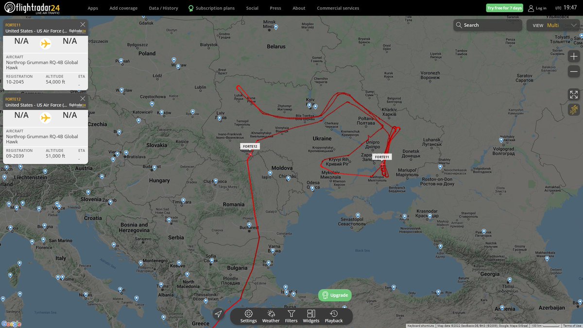 2x USAF RQ4 Global Hawk FORTE11/12 currently tracking over Ukraine