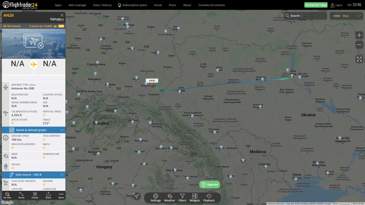 Vulkan Air Antonov An-26B en route to Rzeszow  from Kyiv