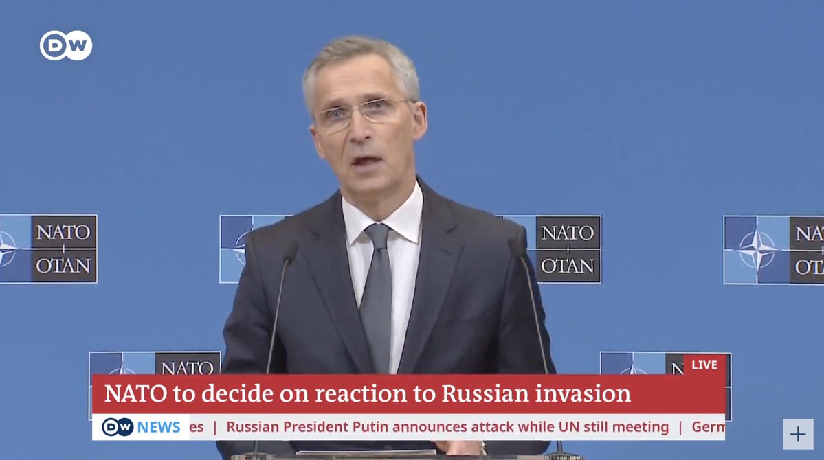 NATO Sec Gen Jens Stoltenberg  - This is a brutal act of war - Peace on our continent has been shattered - War of a scale and a type that we thought we had consigned to history - Decapture, cold blooded and long planned invasion - Putin litany of lies