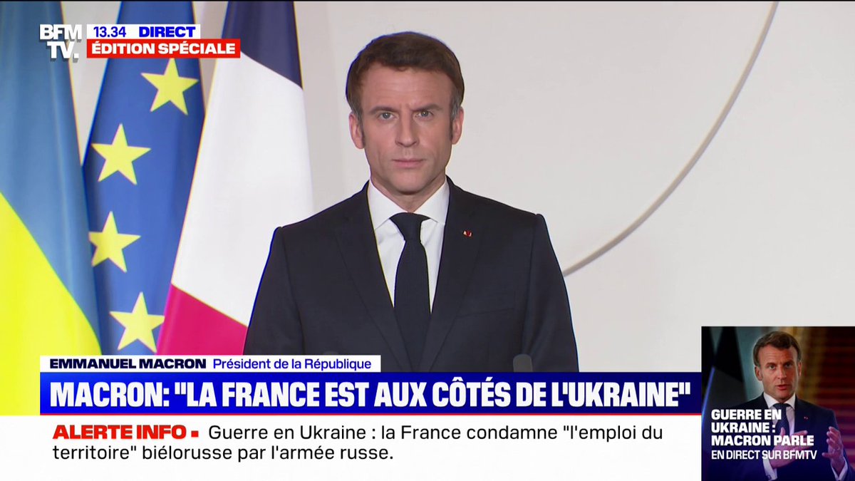 Macron just now The events last night are a turning point in Europe's history. It's an act of war that we did everything to avoid. France shelves hopes of dialogue with Russia and marks its absolute solidarity with Europe's eastern allies + Ukraine: Their freedom is ours