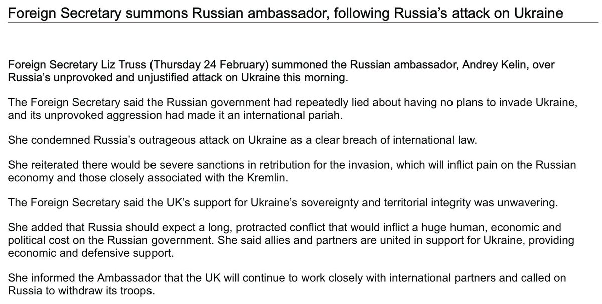Britain summons Russia's ambassador to the UK, Andrey Kelin, Russia's unprovoked and unjustified attack on Ukraine