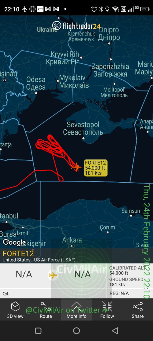FORTE12 - Drone @ 54,000ft over the Black Sea watching Crimea. USAF RQ-4 Global Hawk