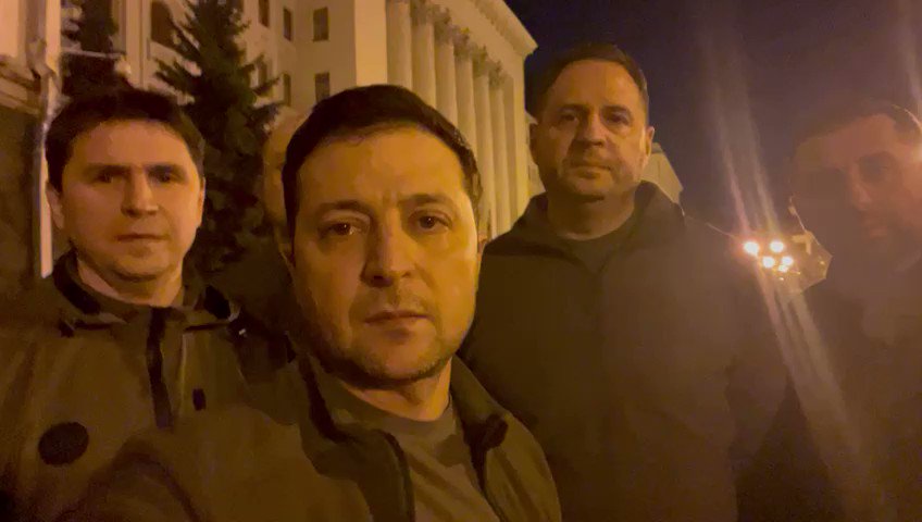 Ukraine's Zelensky posts a new video of himself and his team outside the presidential administration in Kyiv's government quarter after rumors in Russian media that he'd fled. We are here. We are in Kyiv. We are defending Ukraine