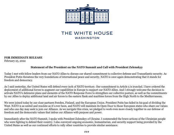Readout from the @WhiteHouse of the latest @POTUS call with @ZelenskyyUa