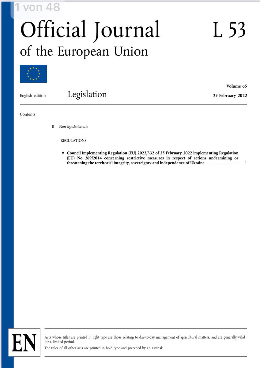 EU sanctions against Putin, Lavrov & other officials now in force. The relevant legal act was just published in EU Official Journal. The EU responds with these sanctions to Russia's invasion of Ukraine
