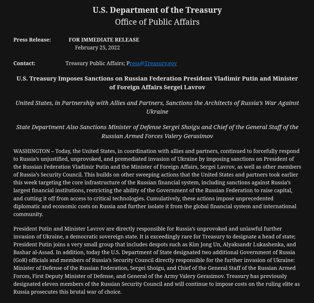 U.S. Department of the Treasury releases official statement imposing sanctions on Putin and Lavrov