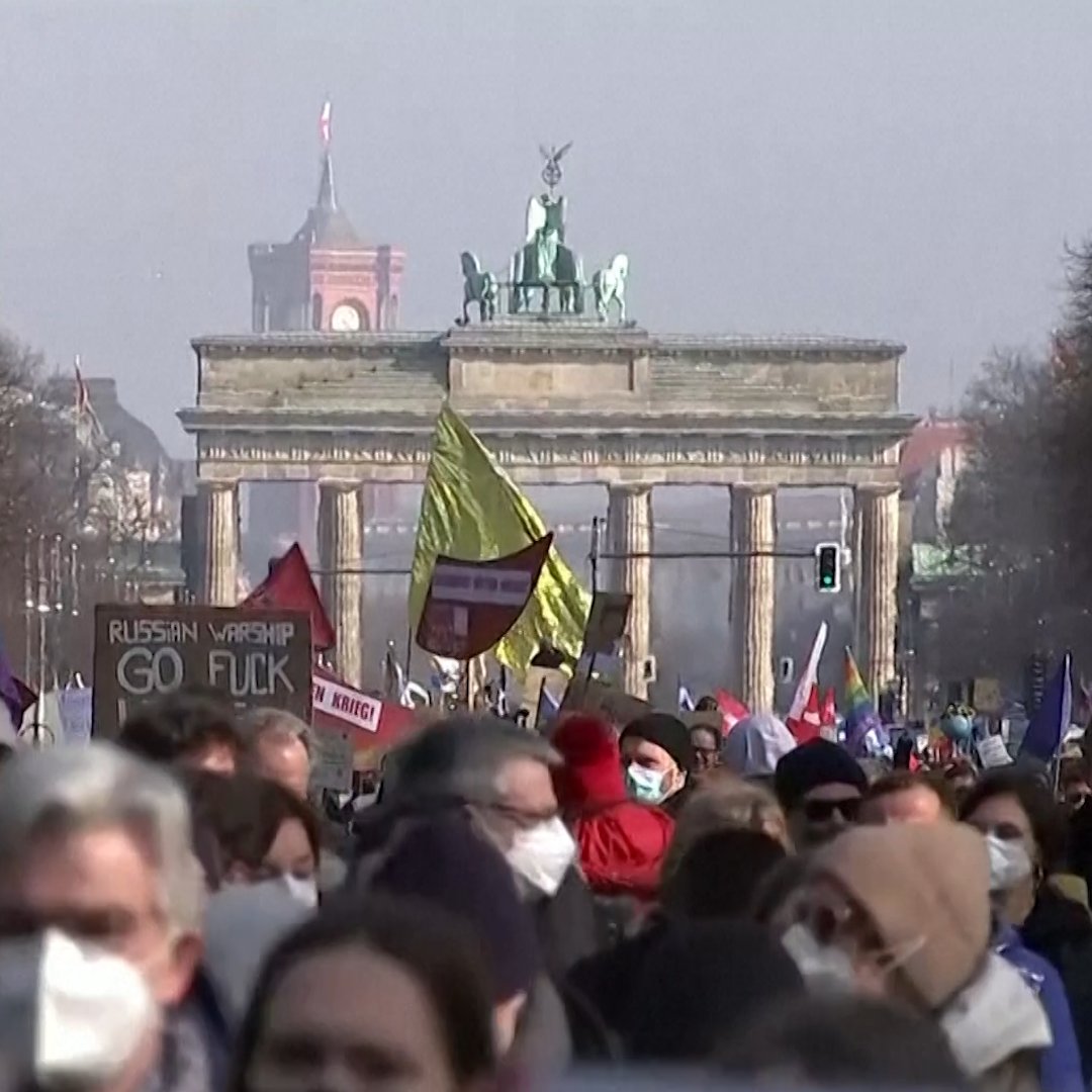 More than 100,000 people showed up at Berlin's Brandenburg Gate waving Ukrainian flags and anti-war banners to protest Russia's invasion