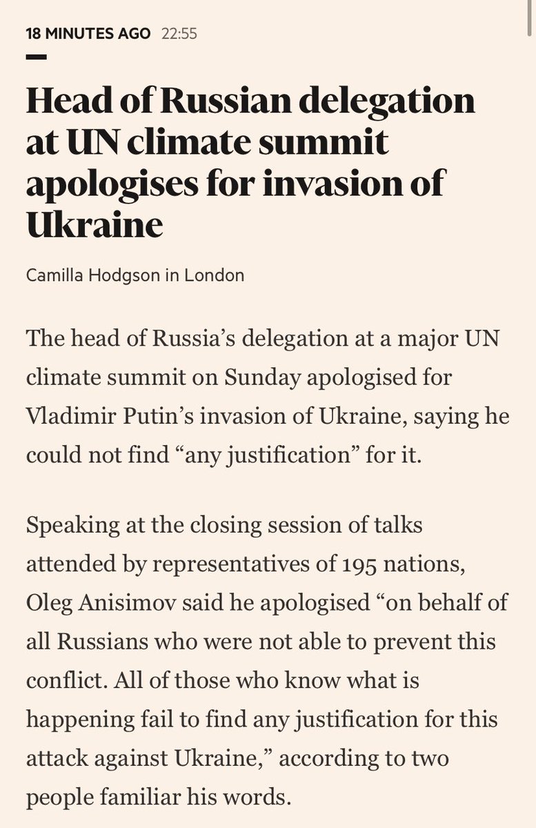 The head of Russia's delegation at a major UN climate summit on Sunday apologised for Putin's invasion of Ukraine, saying he could not find any justification for it.