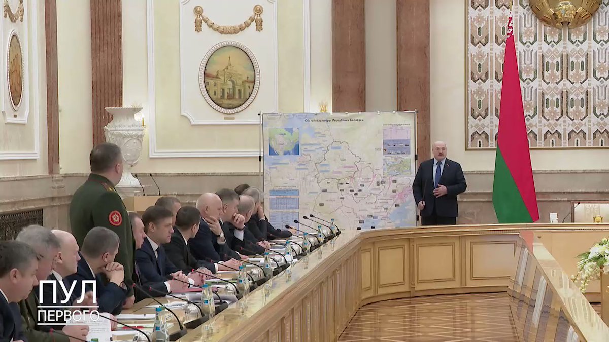 At today's security council meeting, Lukashenka showed what looks like an actual invasion map. It shows Ukraine military facilities destroyed by missiles from Belarus, attacks directions (everything agrees except Odessa-Transnistria). Also, Ukraine is divided into 4 sectors