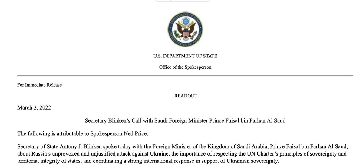 Blinken spoke with Saudi FM Prince Faisal bin Farhan Al Saud about Ukraine