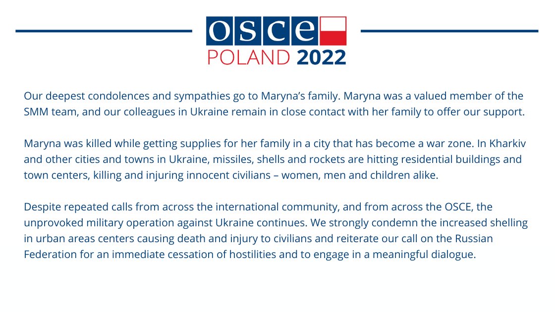 Maryna Fenina, a national member of the OSCE Special Monitoring Mission to Ukraine, died in shelling in Kharkiv yesterday
