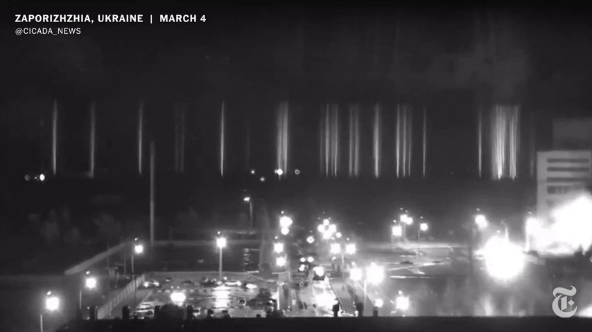 The New York Times verified videos from the firefight at Europe's largest power plant in Zaporizhzhia, Ukraine. It appears to show a line of military vehicles shooting at buildings inside the complex resulting in fires breaking out.