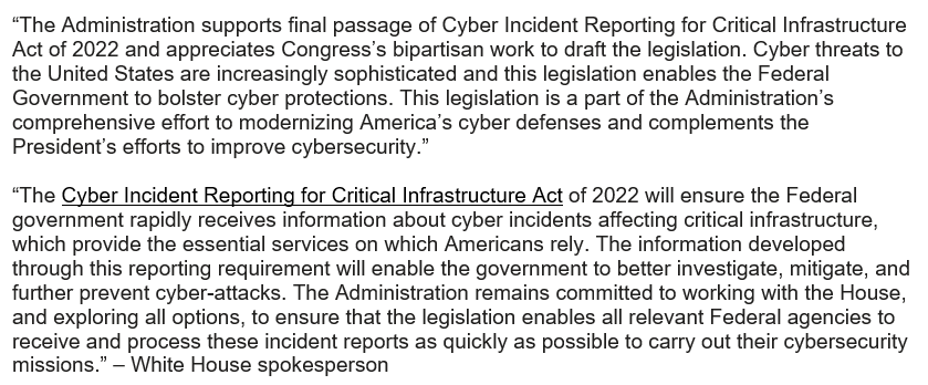 The White House backs final passage of the Senate's cyber bill, telling @CBSNews the legislation will enable the government to better investigate, mitigate & further prevent cyber-attacks amid crisis in Ukraine